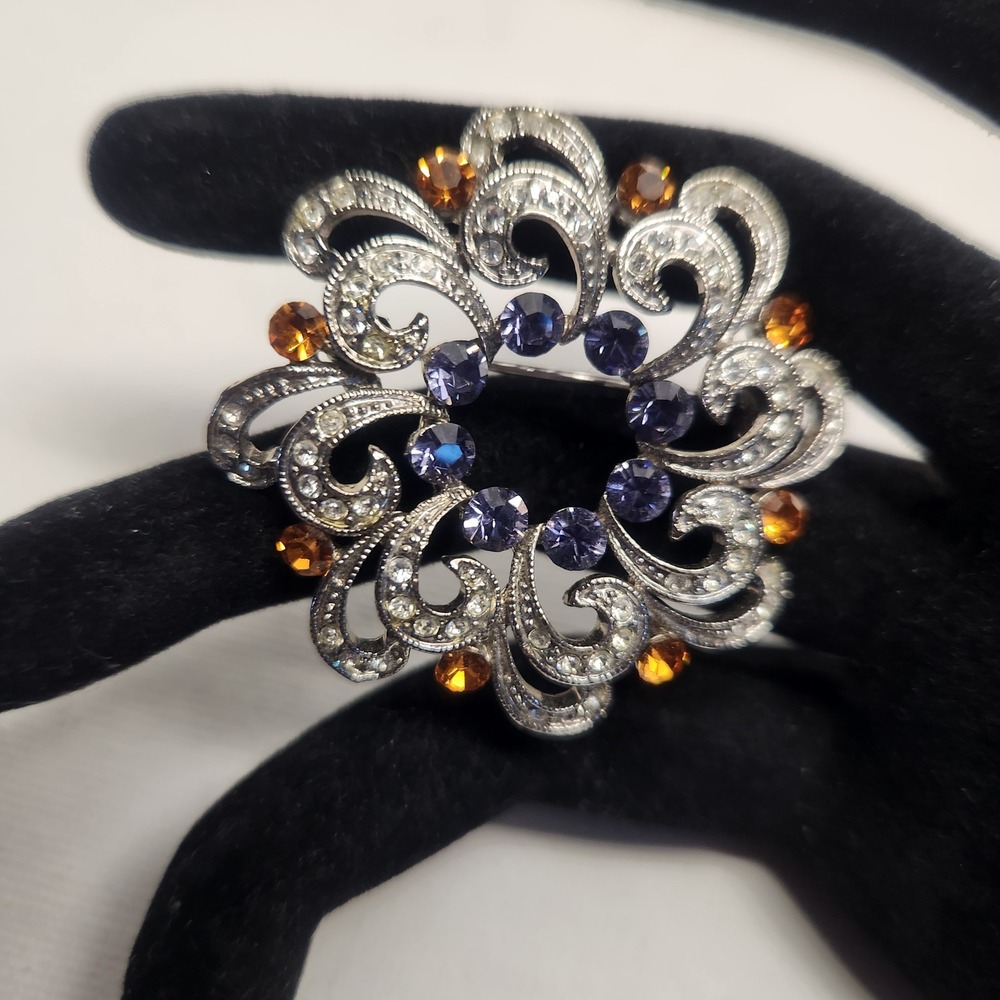 Vintage Silver Tone Rhinestone Wreath Brooch Amber Purple Clear Floral Pin